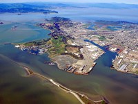 Aerial view of the city of Richmond, California. Land and water view.