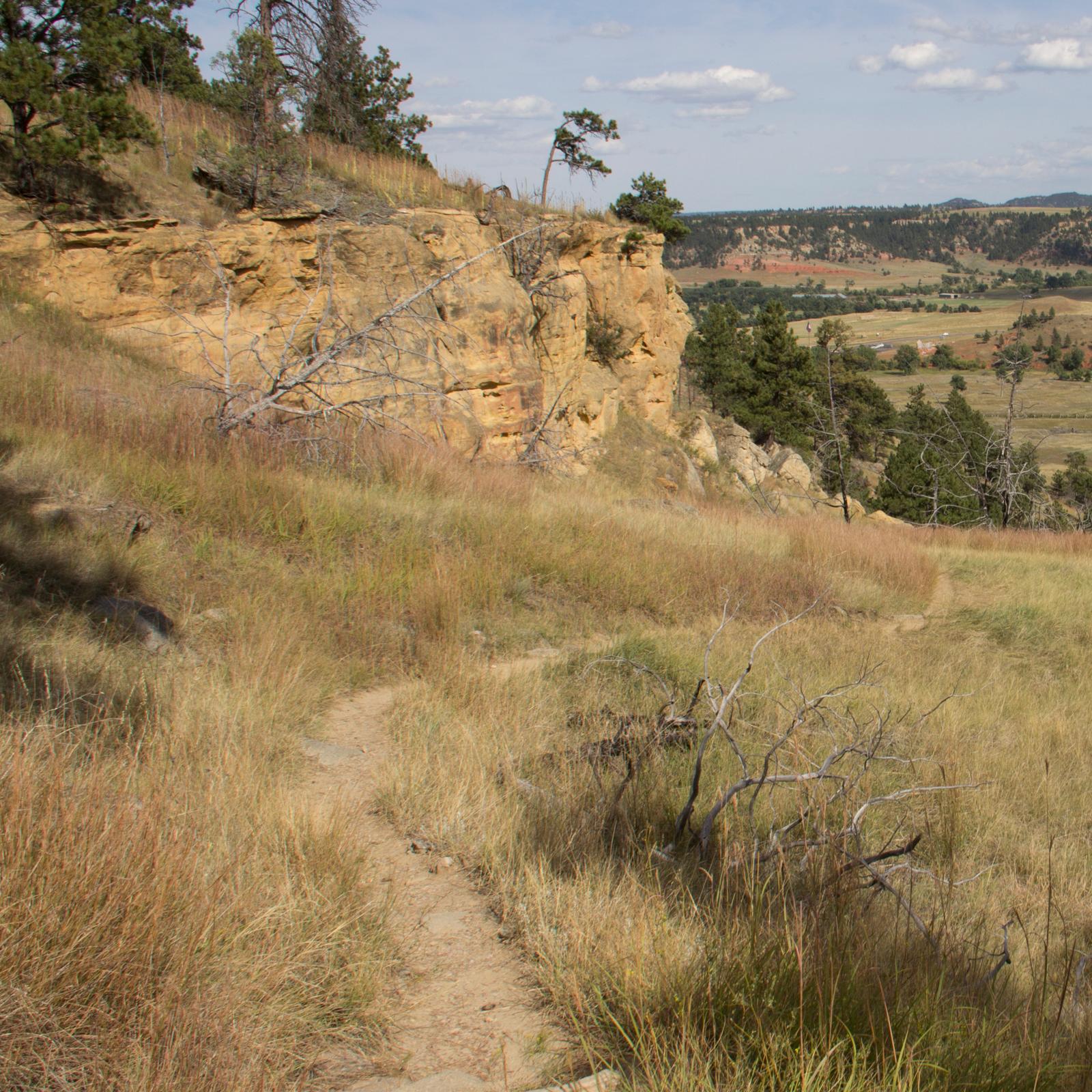 Path winding through prairie grass, with cliff face, red rocks, and pine trees in background.