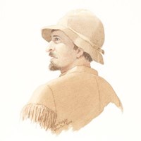 A painted profile portrait of a man from behind wearing a buckskin shirt and a hat