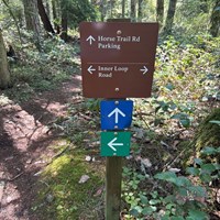 A trail sign showing different trail names