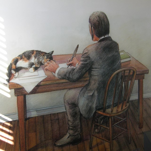 Drawing of mid-19th-century man writing at his desk with a lounging cat