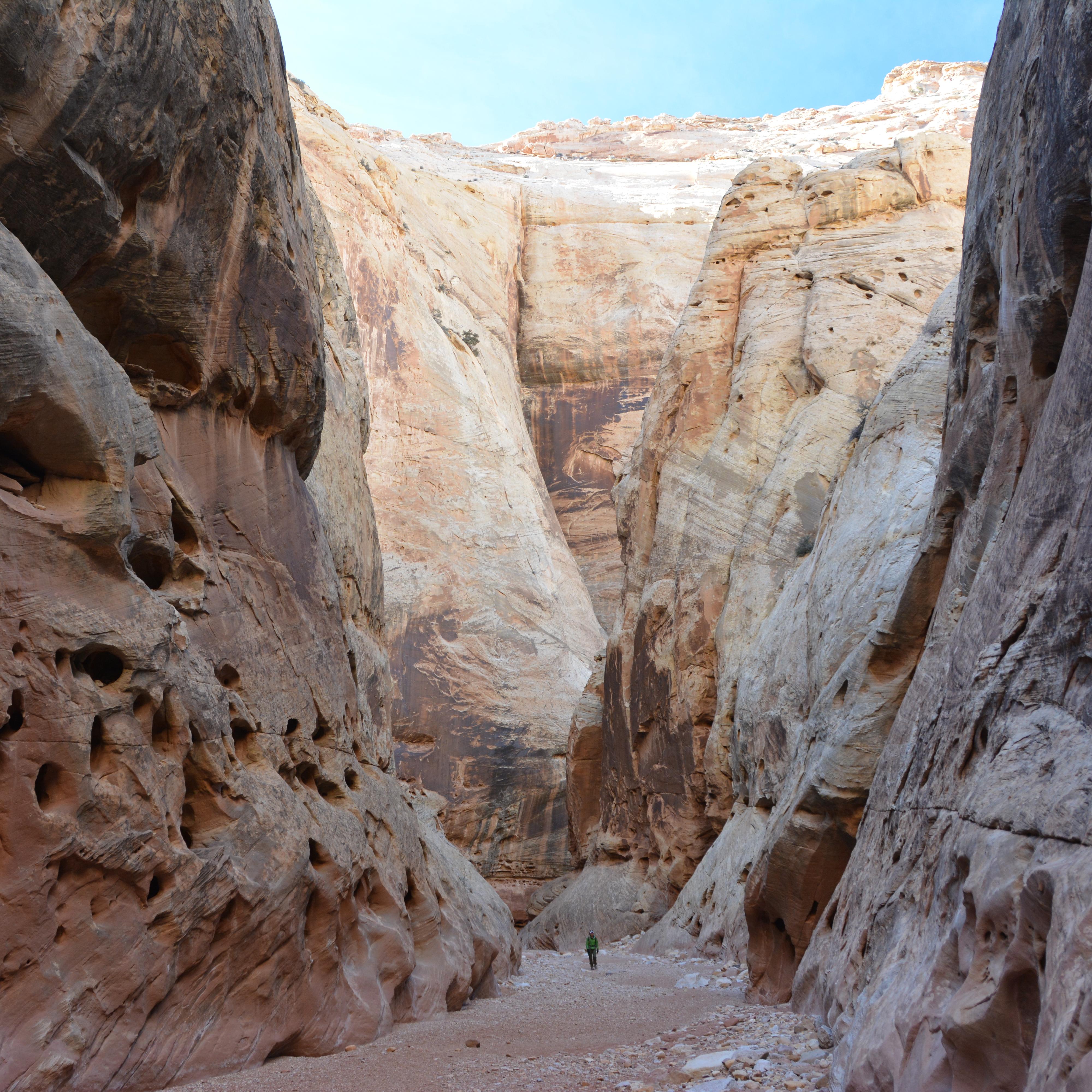 A person stands in a sandy wash in a deep cream colored sandstone canyon.