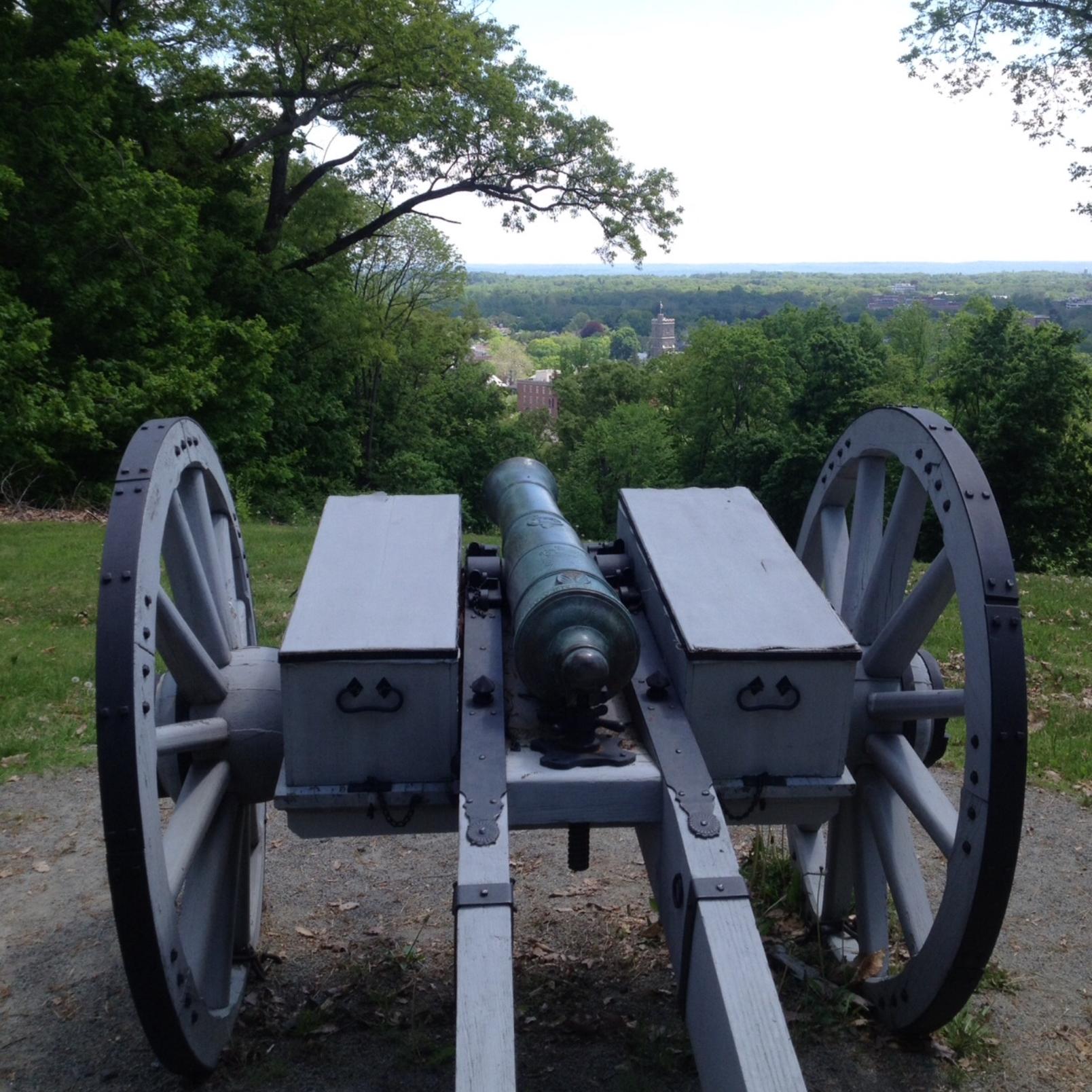 The replica cannon overlooks the town of Morristown from Fort Nonsense.