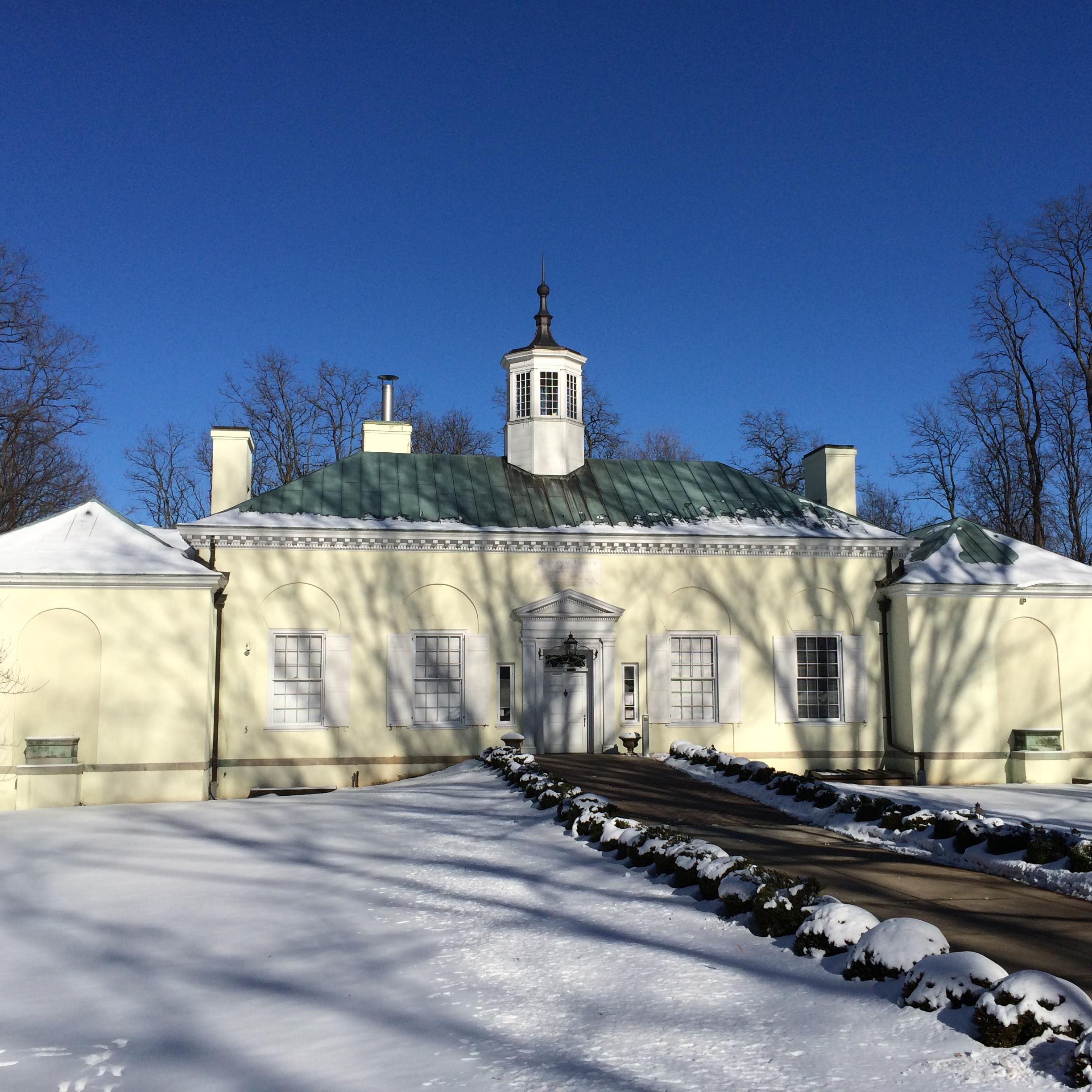 The Washington\'s Headquarters Museum, which resembles Mt. Vernon, on a winter day surrounded by snow