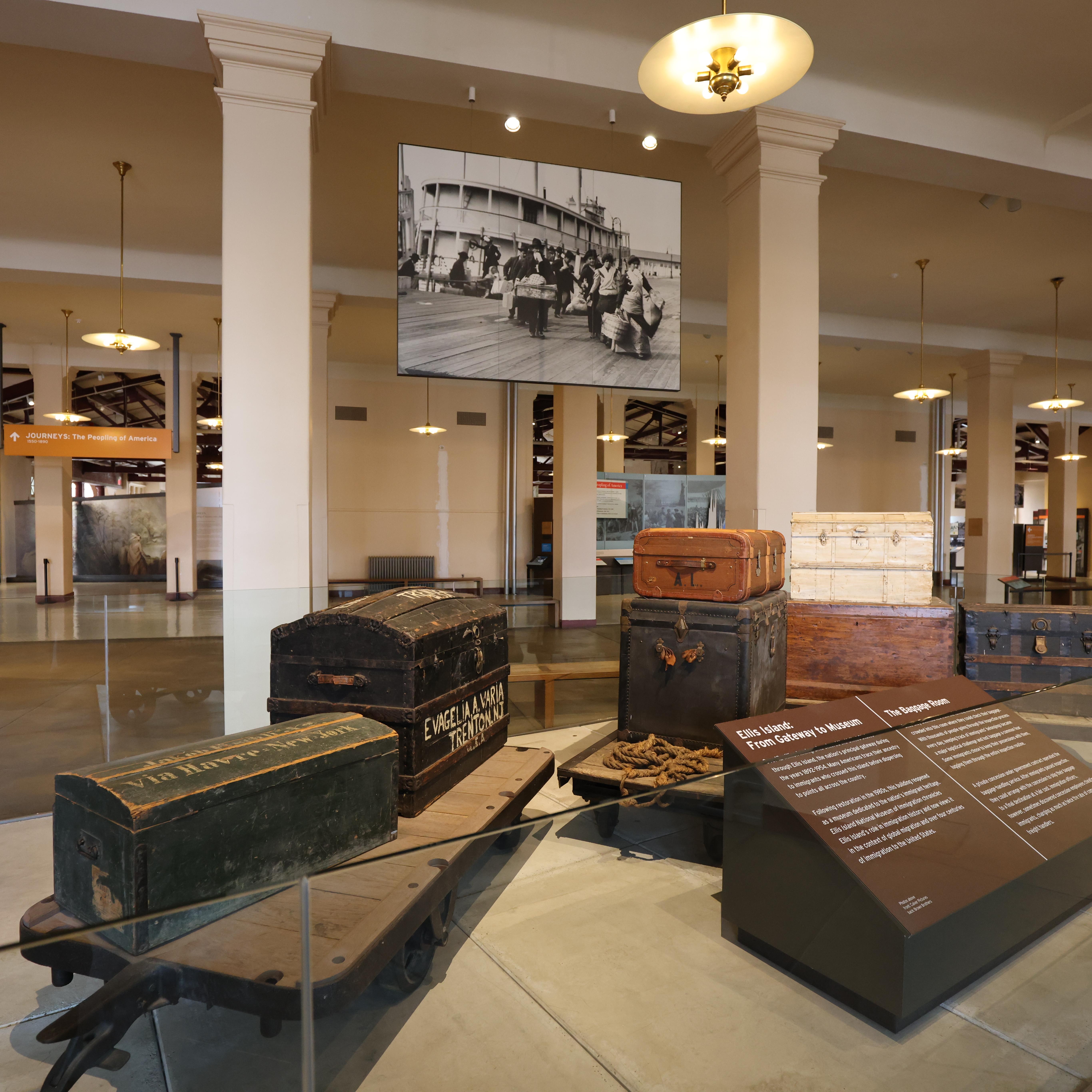 First Floor of Ellis Island Main Immigration Building with historic baggage on display