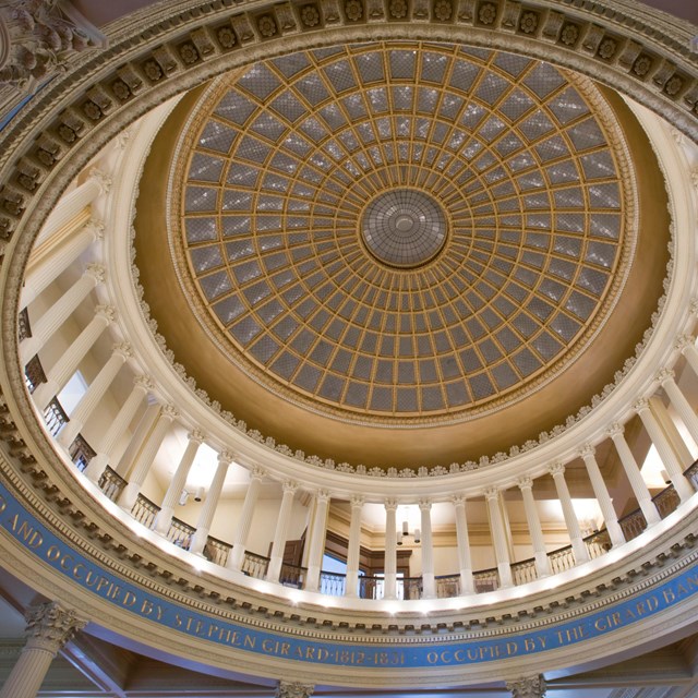 Interior view of ornate bank rotunda from below