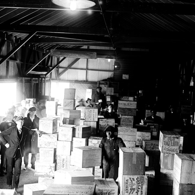 Historic photo of warehouse full of liquor seized during prohibition