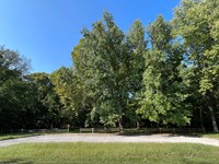 A stone parking area with a patch of grass and trees lining a river bank.