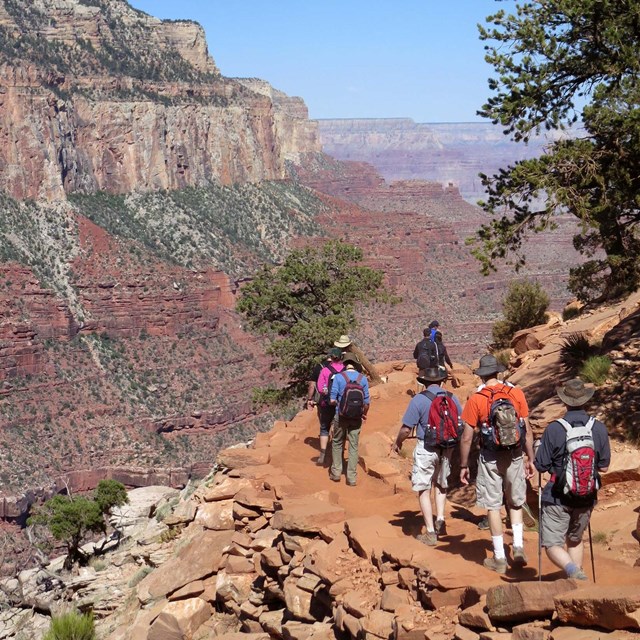 a group of hikers on a trail across from a cliff made of rock layers of various colors