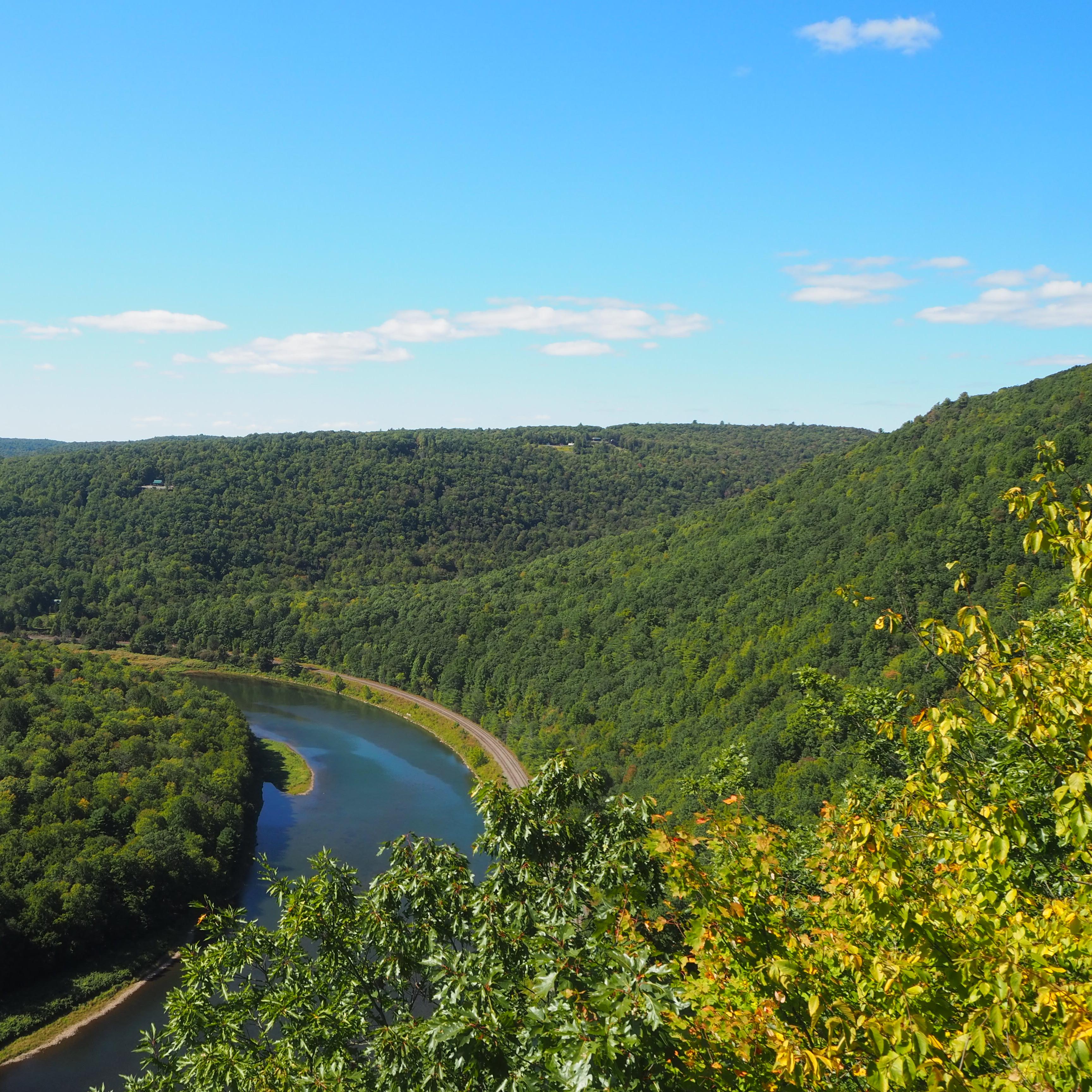 View of lush river valley with azure blue river snaking through trees
