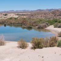A sandy dunes in a desert landscape with a small body of water