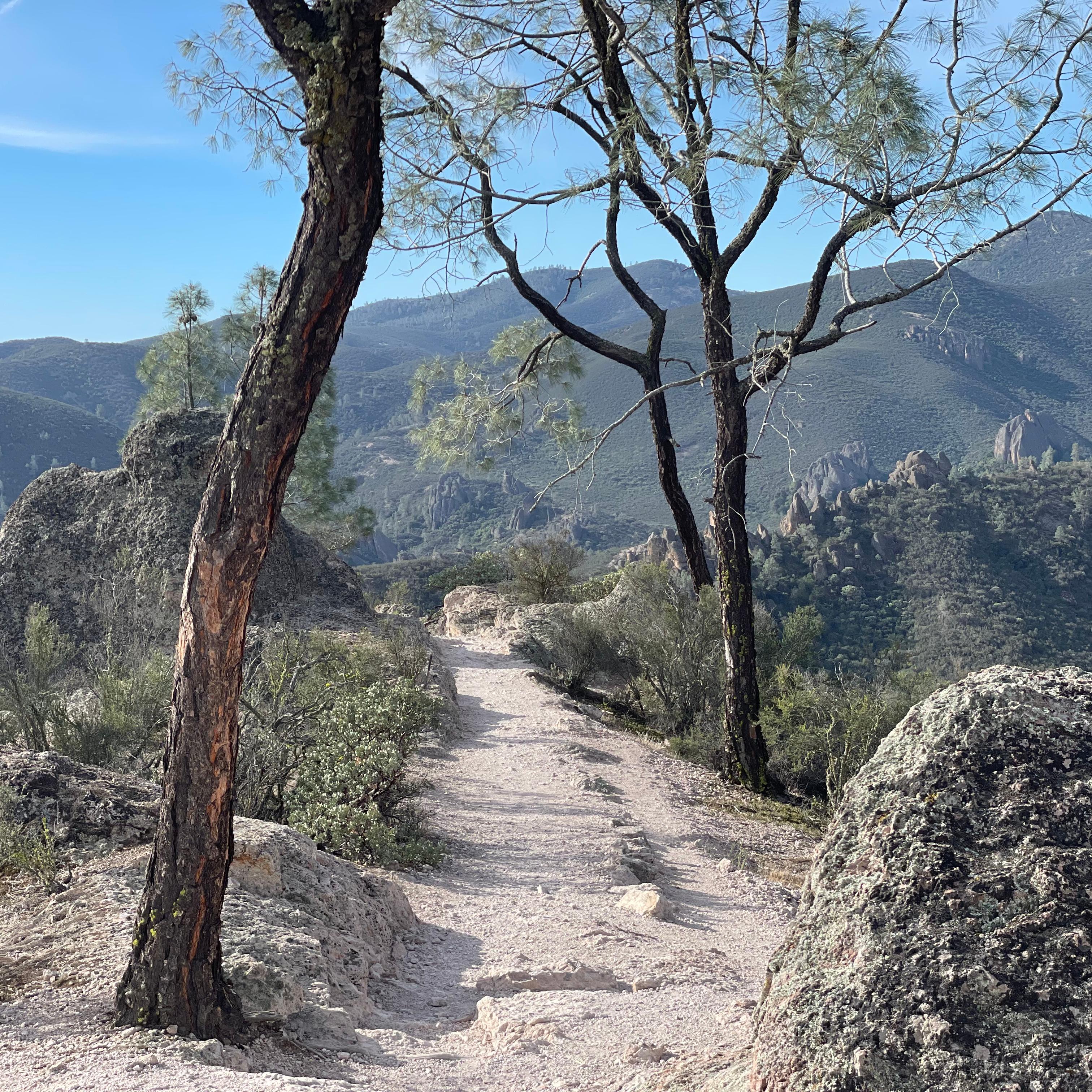 Rocky dirt trail on a mountain top with rolling mountains seen in the distance
