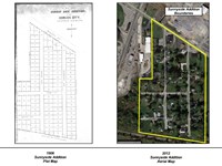 Historical plat map and modern aerial showing boundaries and individual lots within the addition
