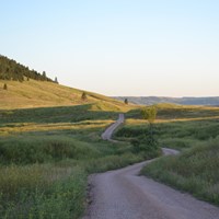 a gravel road winds across the prairie with rolling forested hills in the distance