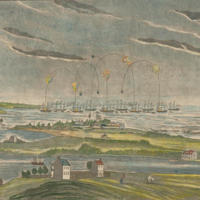 Drawing of bombs bursting in air over Baltimore during 1814 battle