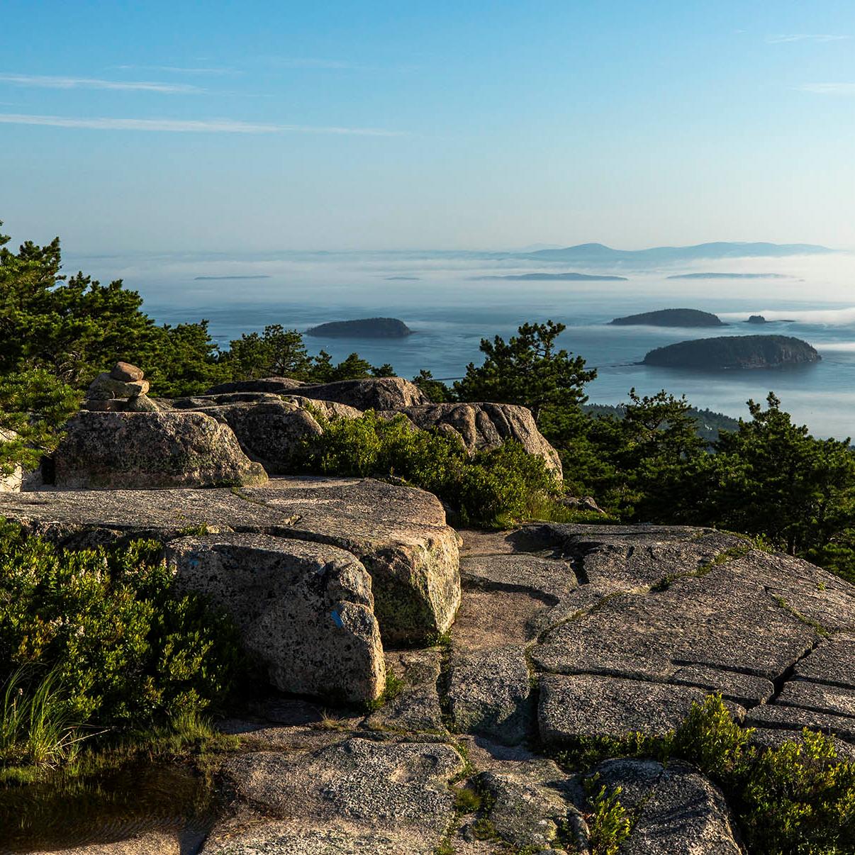 A clear view of the Porcupine Islands from the summit of Champlain Mountain just after sunrise.