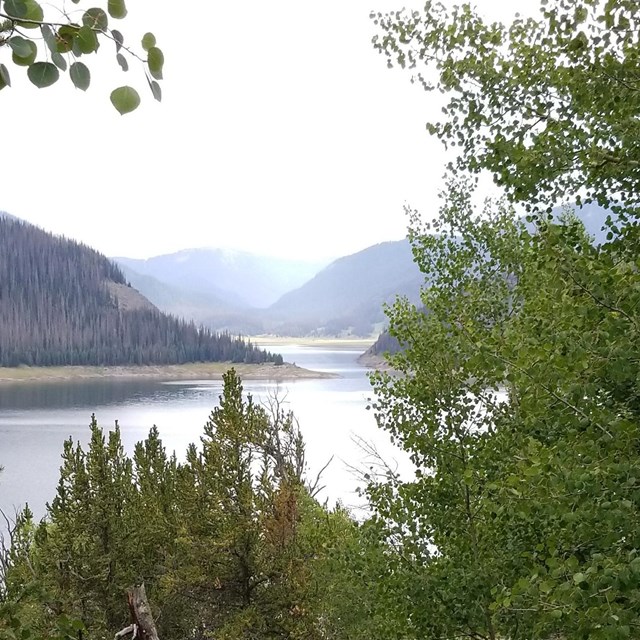 Mountain reservoir with trees in foreground
