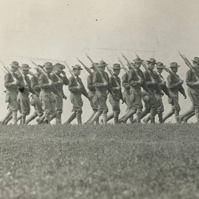 Soldiers march during a drill.