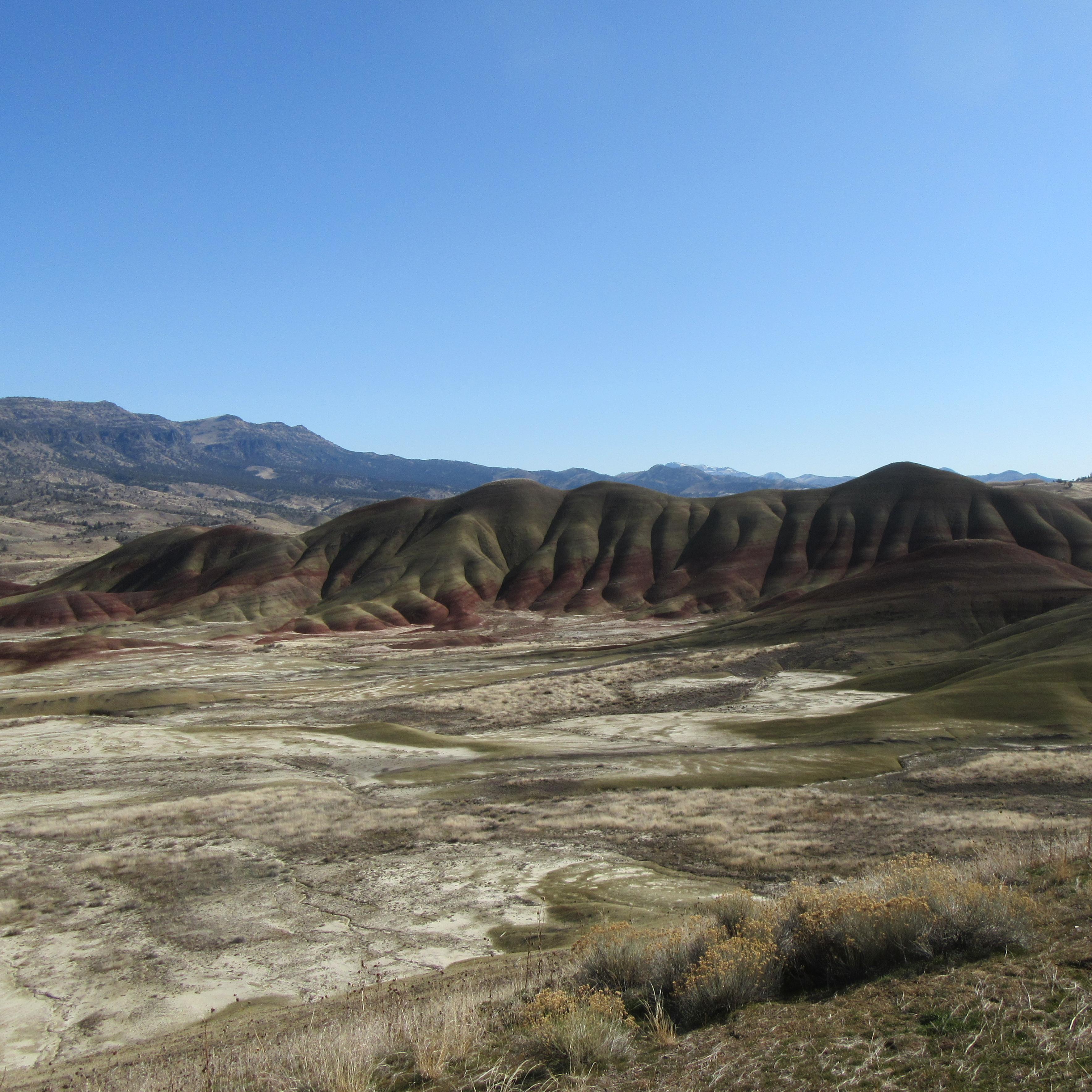 Red and green striped hills with shrubs in the foreground and clear blue skies in the background.