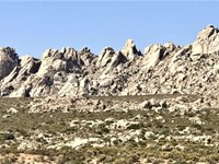 The rocky peaks of the Granite Mountains with a clear sky.  Creosote in the foreground.