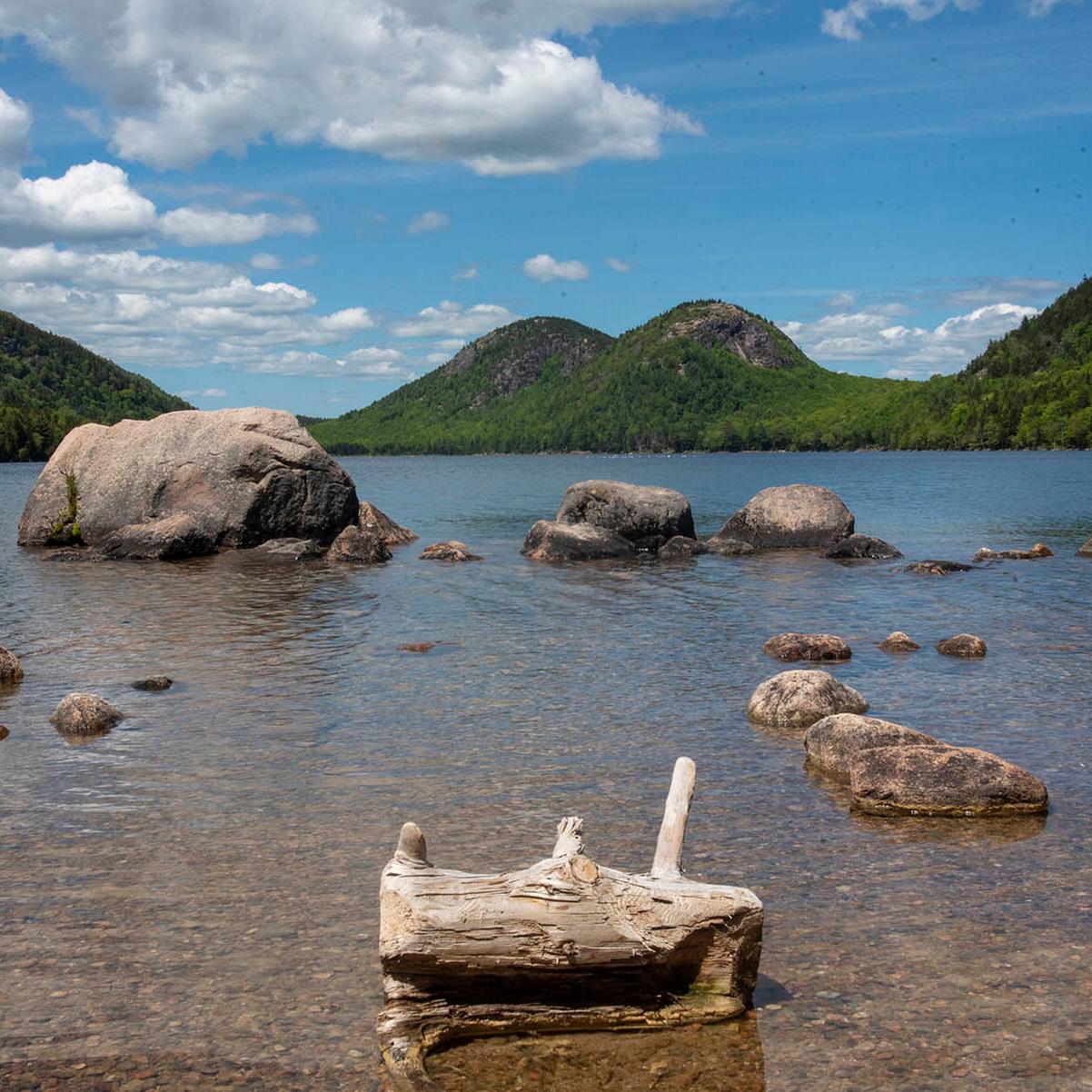 The placid surface Jordan Pond with exposed boulders and a log protruding from the water.