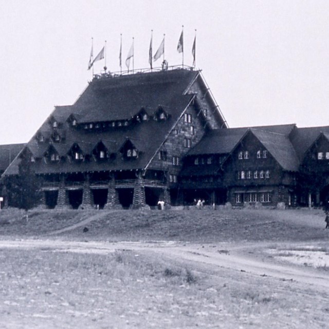 Historic photo of national park lodge in Yellowstone