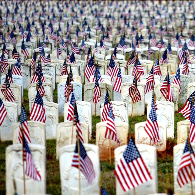 Rows of white gravestones with an American flag at each one