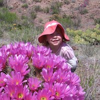 Child with a blooming pitaya cactus