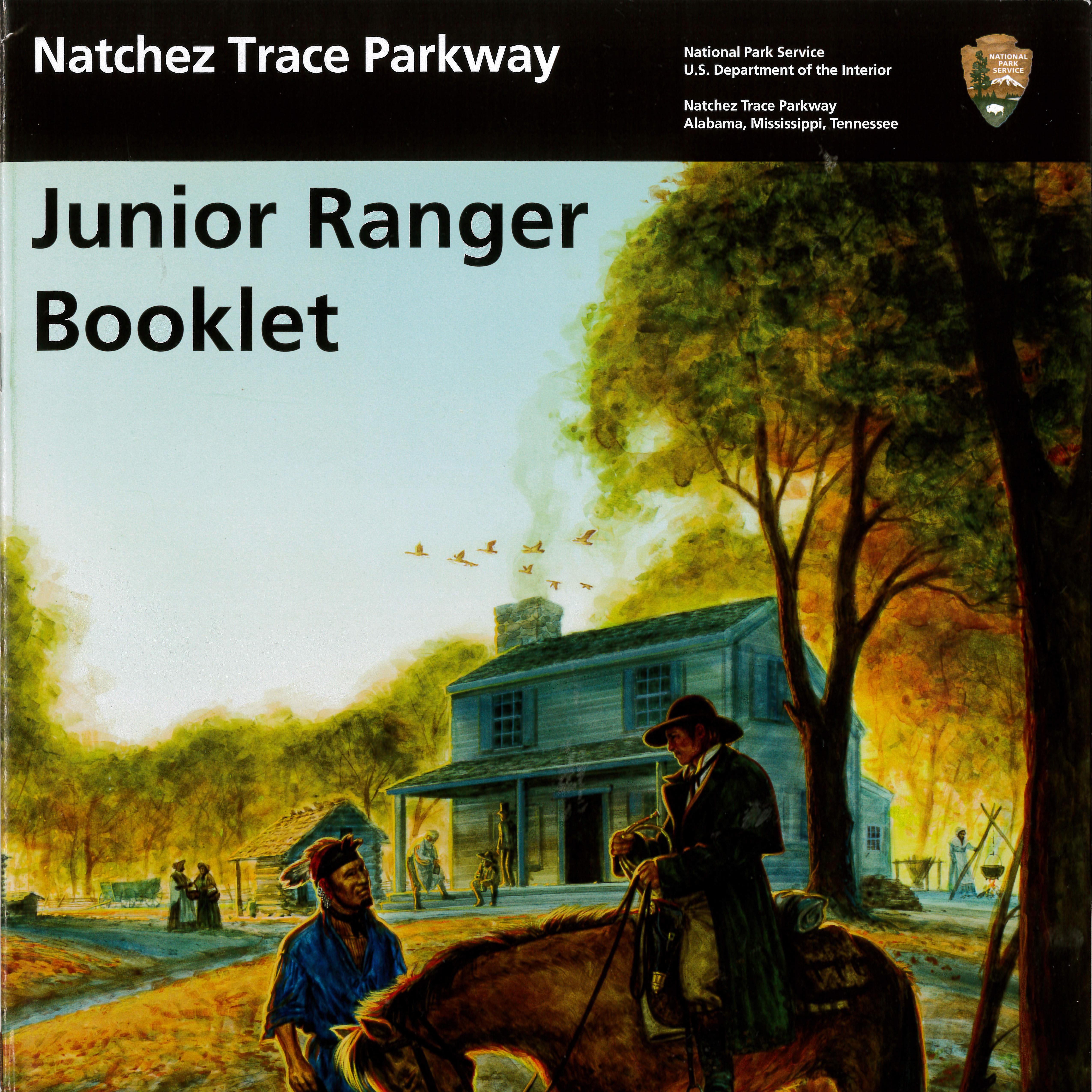 Cover of junior ranger book, Painting of two men talking. 1 man is on horseback