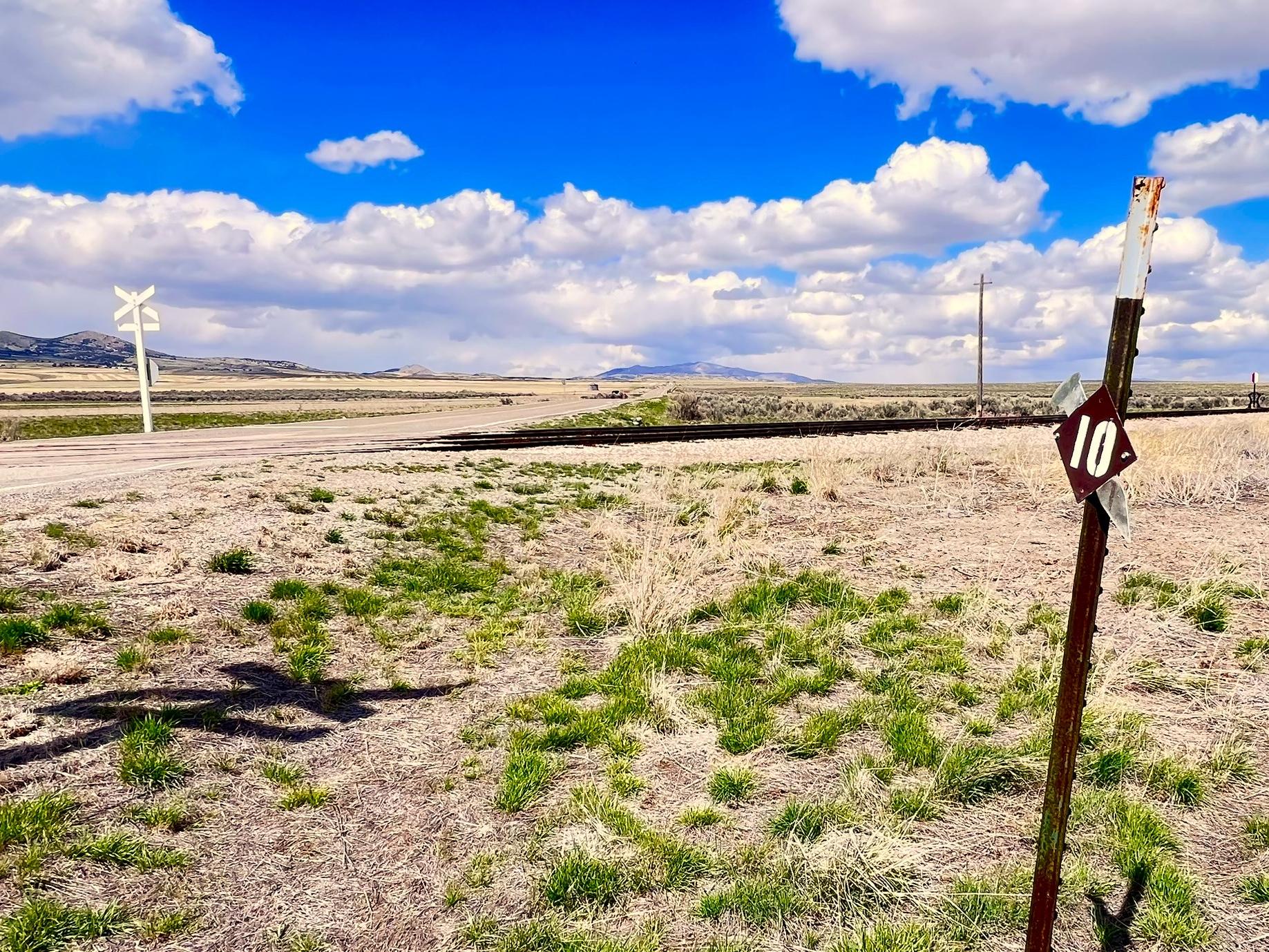 Marker #10 at the railroad crossing surrounded by green, yellow grassland