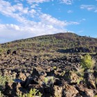 a dark, chunky lava flow in front of a black cinder cone with patches of pine trees and sagebrush