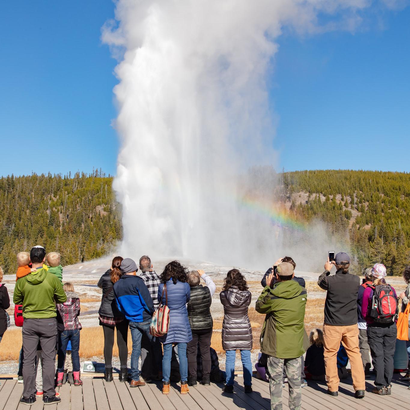 Visitors watch an eruption of Old Faithful Geyser.