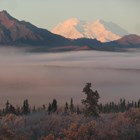 misty landscape with mountains visible in the distance