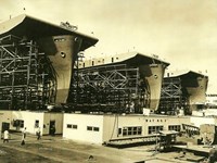 Historic photo of three large ships under construction in Richmond Shipyard.