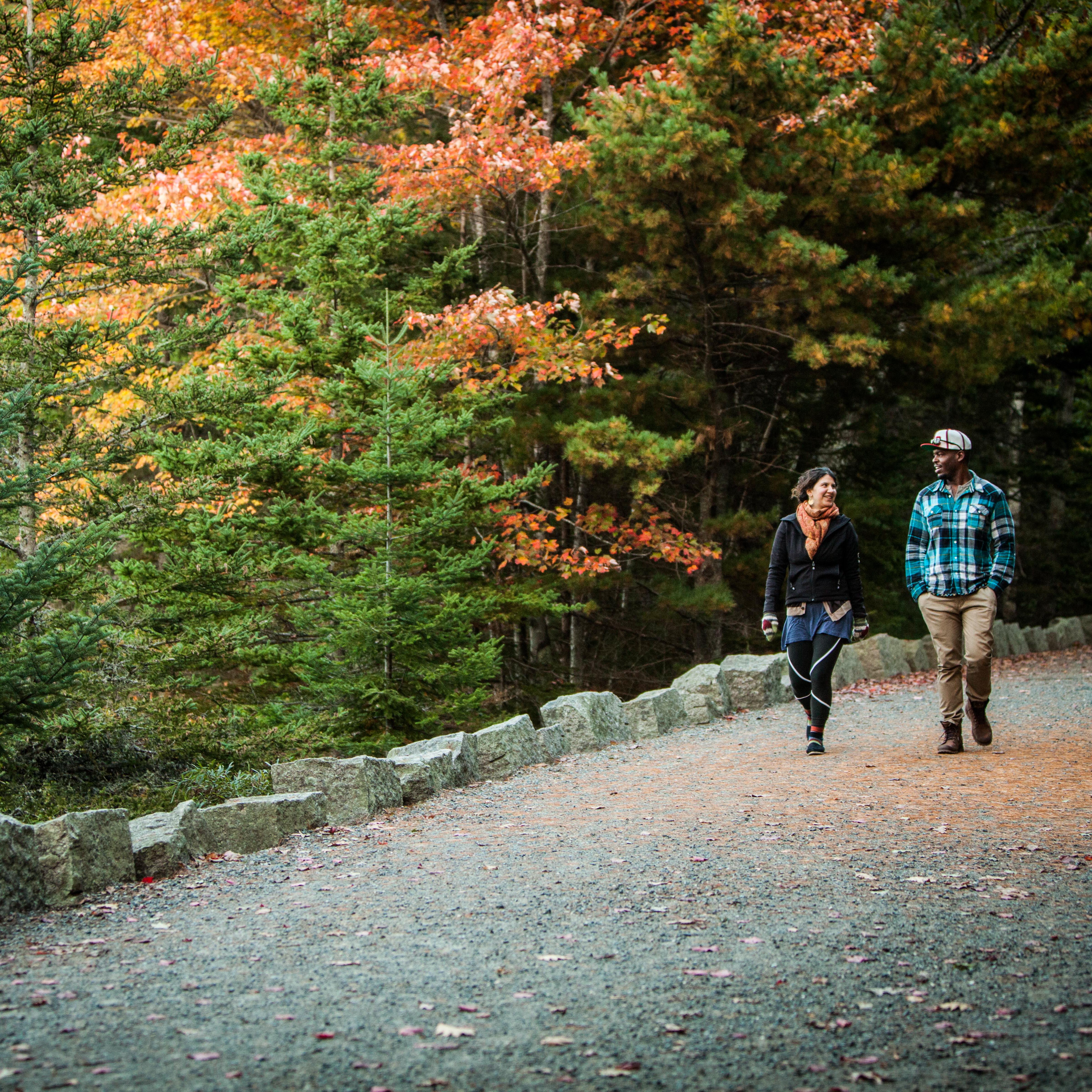 Two people walking along a crushed gravel surfaced road