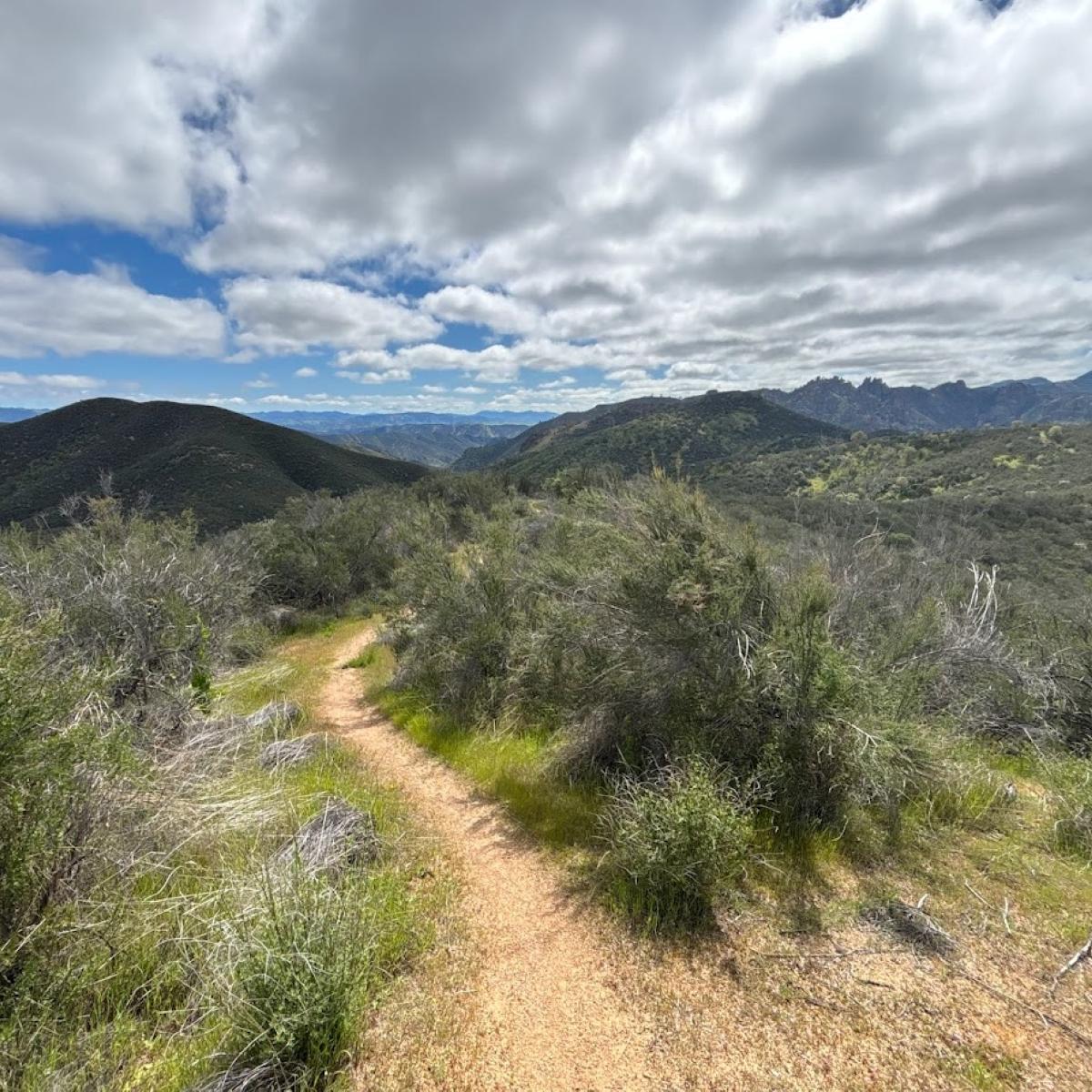 Trail leading through chaparral covered hills overlooking rock formations in the distance.