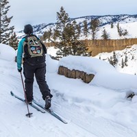 A skier travels along a trail on the edge of a canyon.