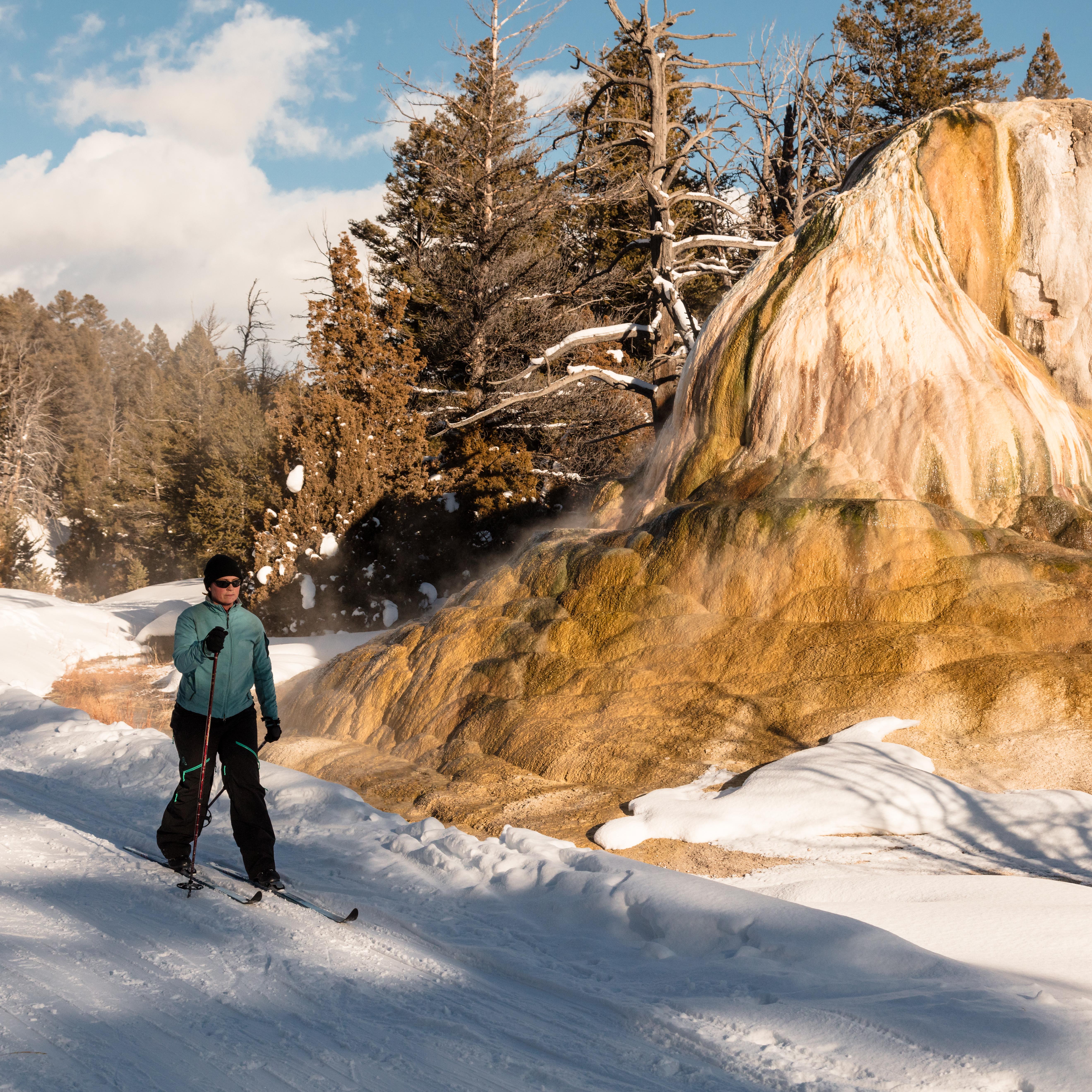A cross-country skier passes a thermal feature as they ski along a trail.