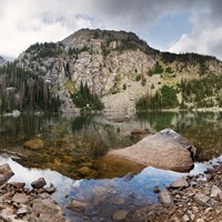 a lake with a large mountain behind it