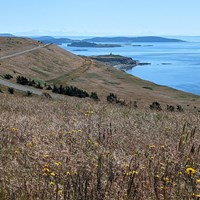A grassy hill on a island with a winding road and a lighthouse in the distance