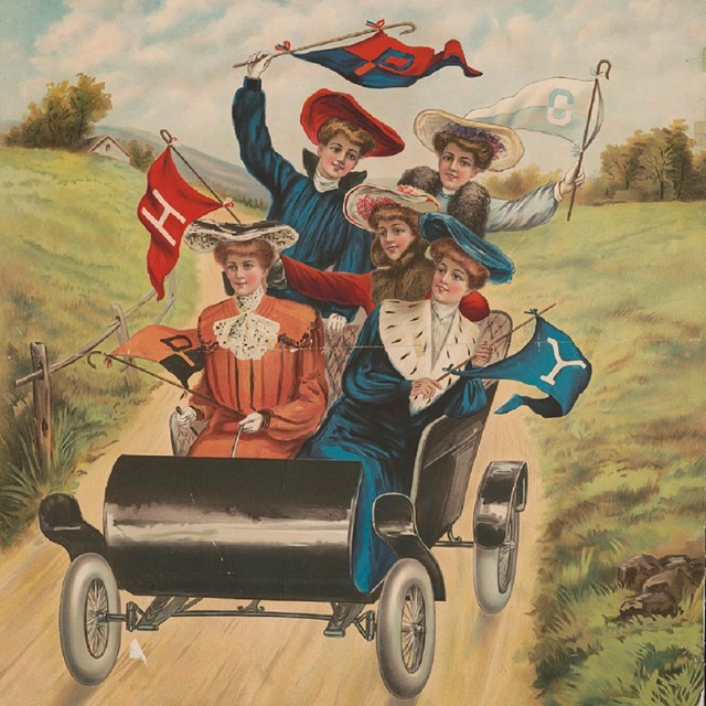 Illustration of five White women in an old buggy holding flags. 