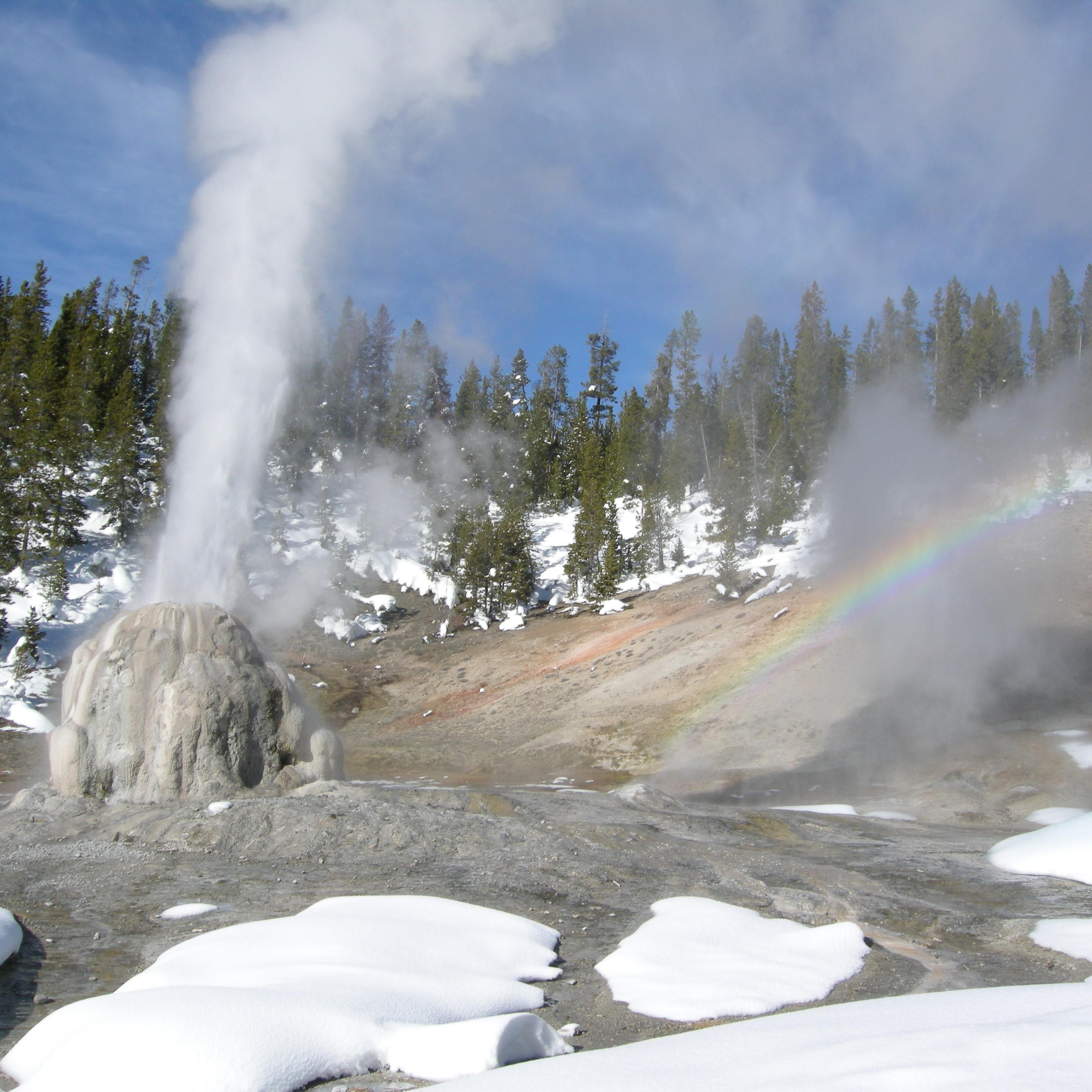 Lone Star Geyser erupting with a rainbow captured in the spray.