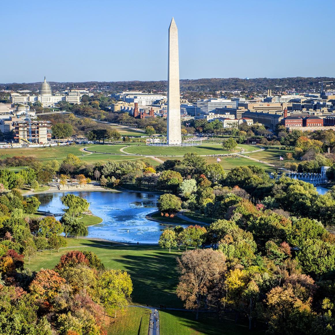 Aerial view of Constitution Gardens and the Washington Monument. 