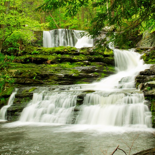 Small waterfall cascades down a rocky creek