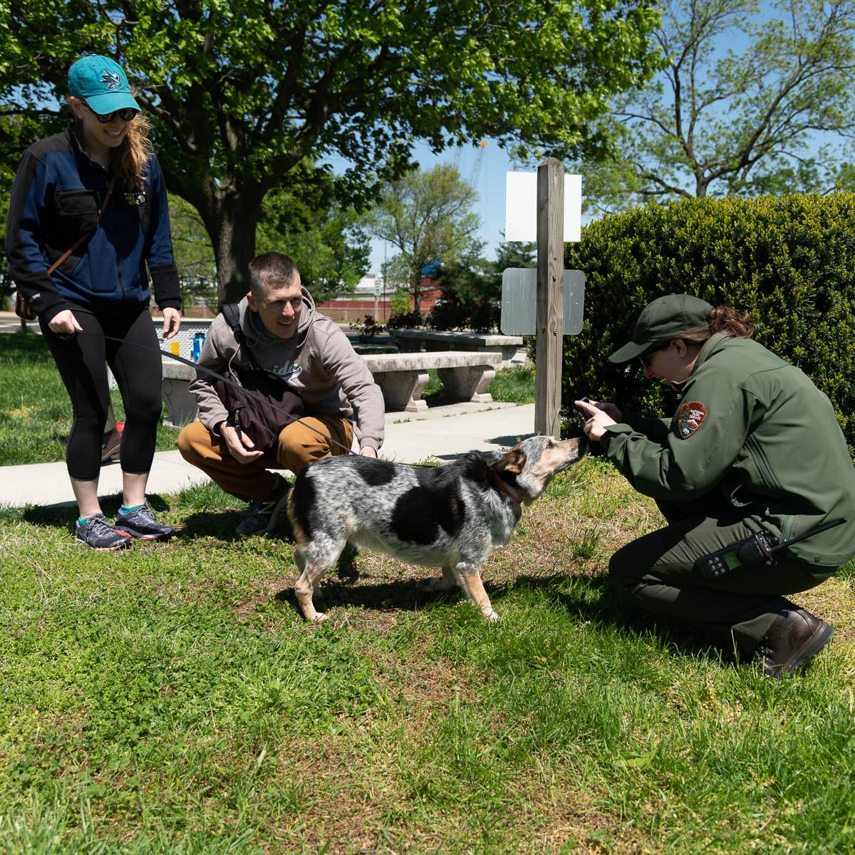 Two visitors with their dog on a leash and a ranger taking a picture of the dog.