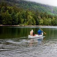 Two people, wearing jackets and hats, paddle a silver canoe in water surrounded by trees.