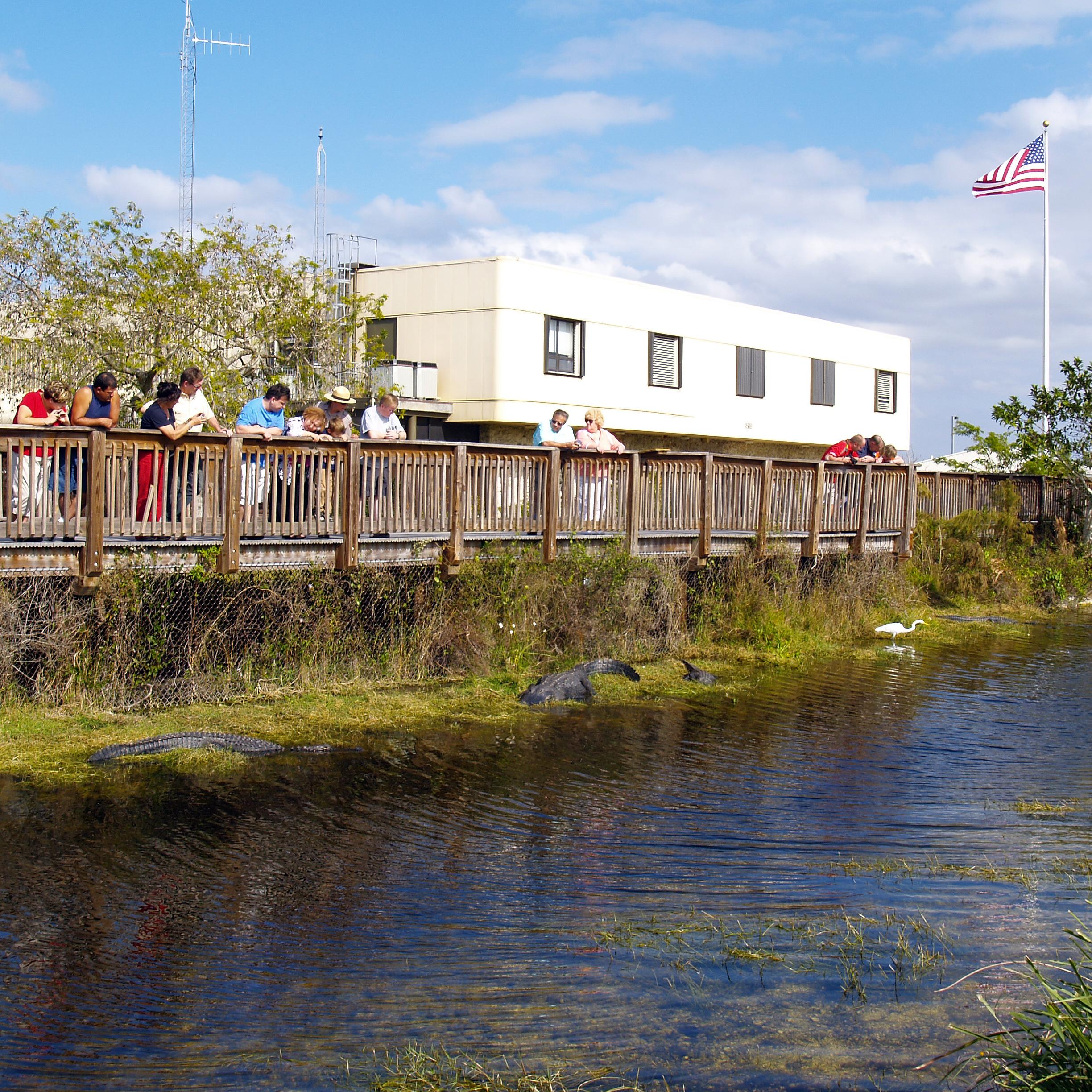 Boardwalk with visitors and Ranger with canal in the foreground. Alligators are below boardwalk