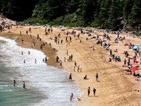 People relax and swim on a sandy beach