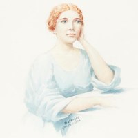 A portrait of a woman with blonde hair pulled back and wearing a light blue dress