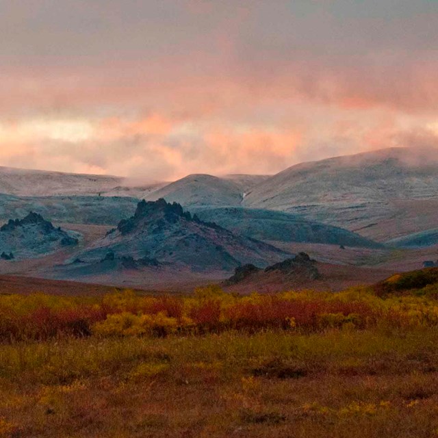 The Tors at Serpentine Hot Springs dusted with snow in Bering Land Bridge National Preserve.